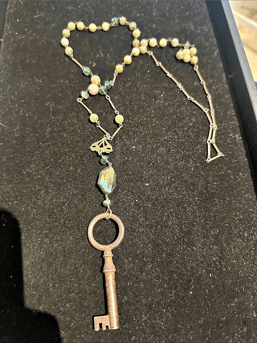 Beaded Key Pendant Necklace in Gold & Green